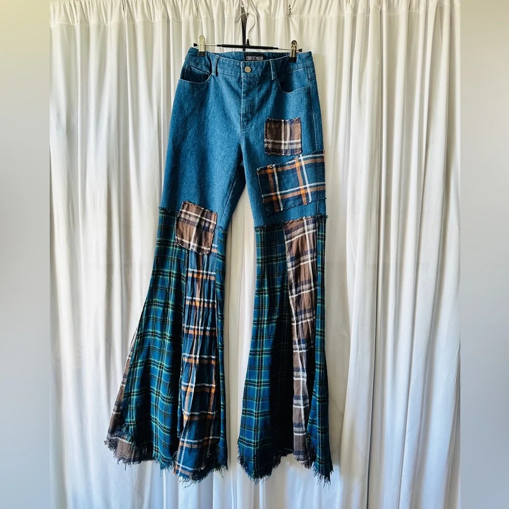 Dolls Kill Blue Plaid Patchwork Flare Pants - Picture 2 of 12